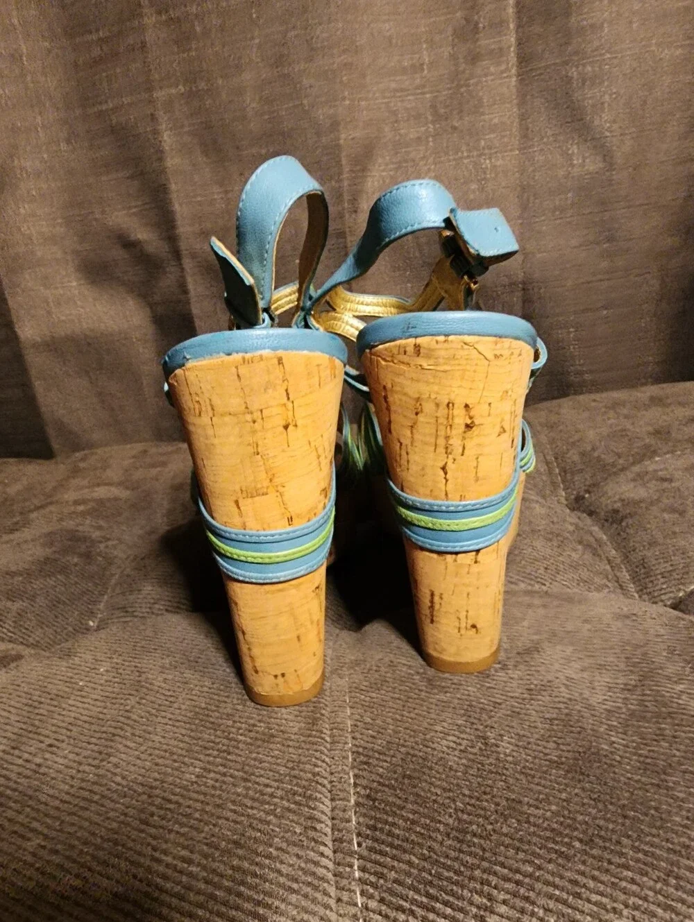 Ivanka Trump Blue Green Cork Platform Wedge Sandals Approx Size 7